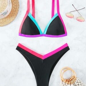 SHEIN Black and Pink Bikini Triangle Top High-Cut